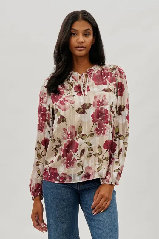 Beechers Brook Floral Tie-Neck Long Sleeve Blouse - Beige sold by Fairweather