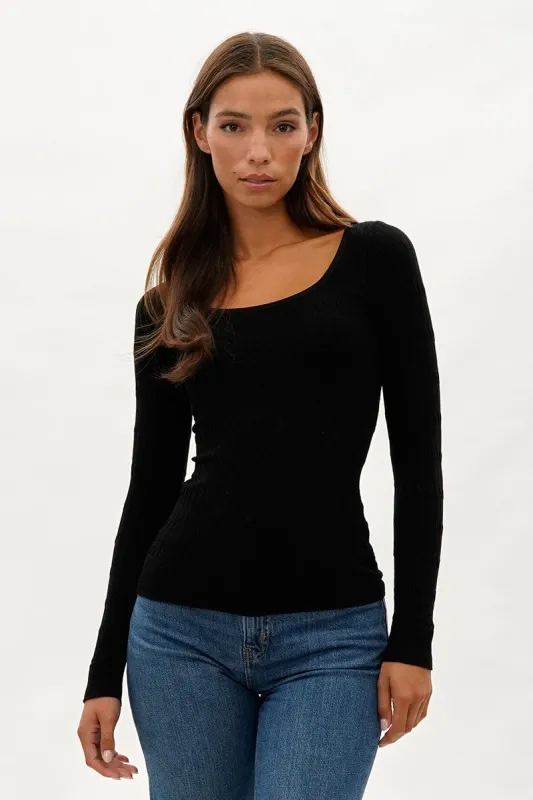 International INC Company Ribbed Scoop Neck Long Sleeve Top - Black sold by Fairweather