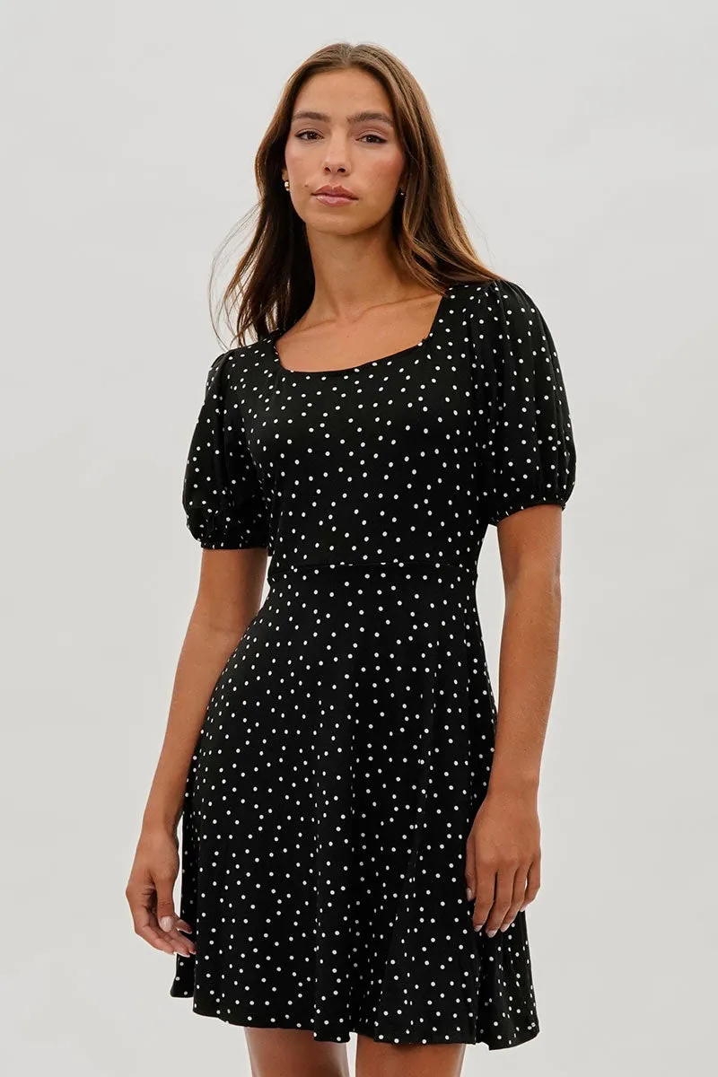 Costa Blanca Dotted Square Neck Day Dress - Black sold by Fairweather