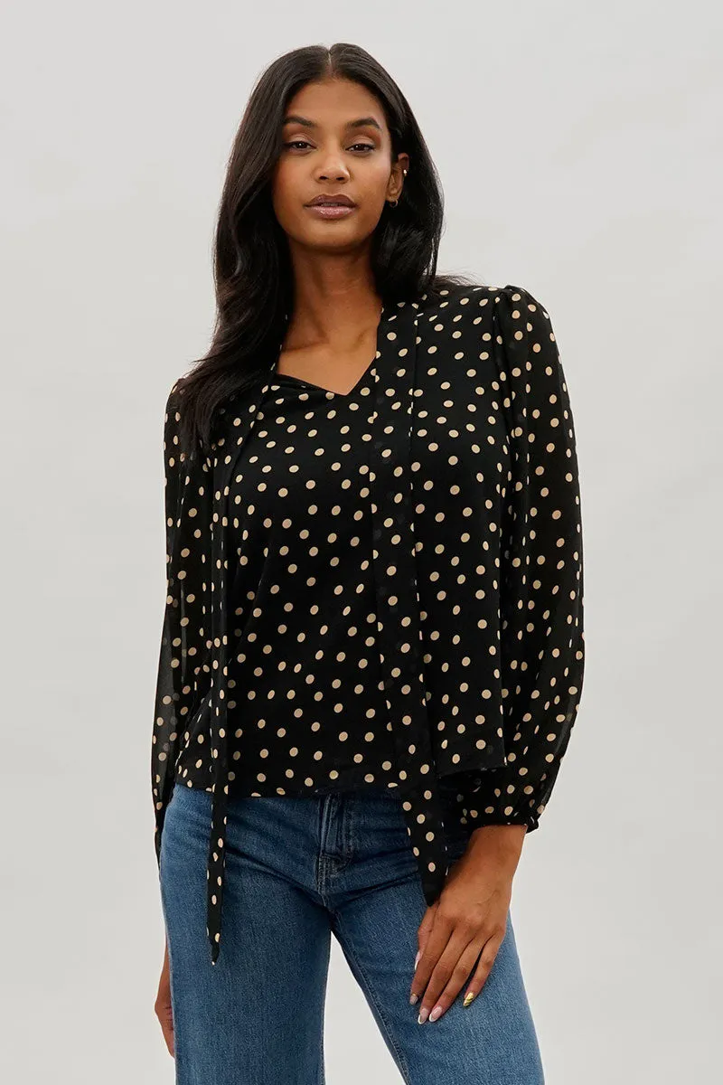 Beechers Brook Dotted Tie-Neck Long Sleeve Blouse - Black sold by Fairweather
