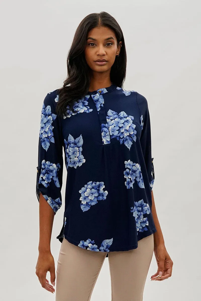 International INC Company Floral Roll Up Sleeve Blouse - Navy sold by Fairweather