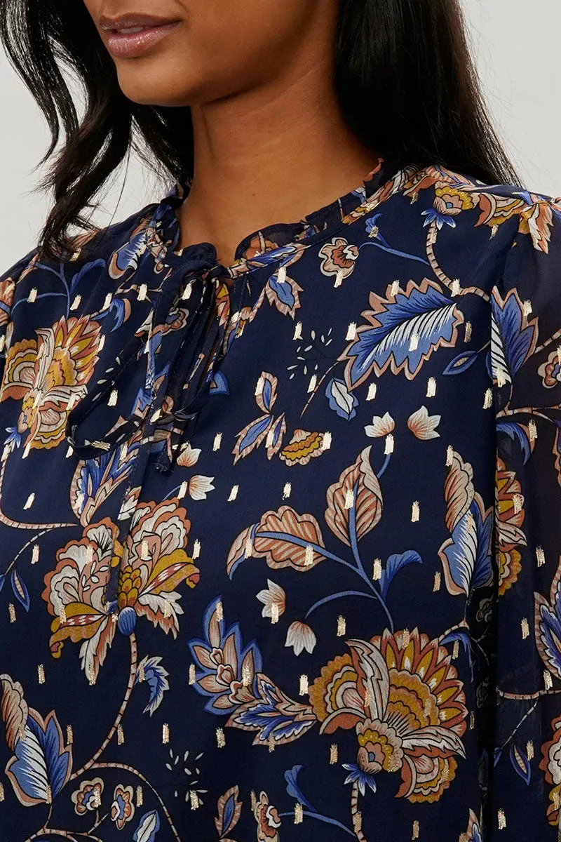 Beechers Brook Floral Tie-Neck Long Sleeve Blouse - Navy sold by Fairweather product image thumbnail 4