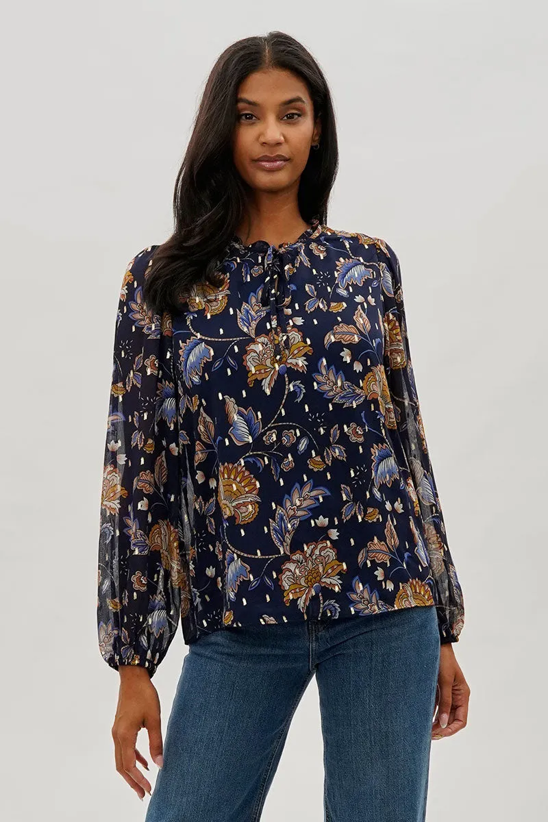 Beechers Brook Floral Tie-Neck Long Sleeve Blouse - Navy sold by Fairweather