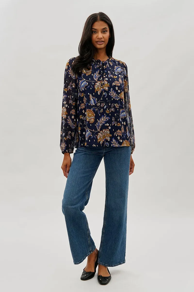 Beechers Brook Floral Tie-Neck Long Sleeve Blouse - Navy sold by Fairweather product image thumbnail 5