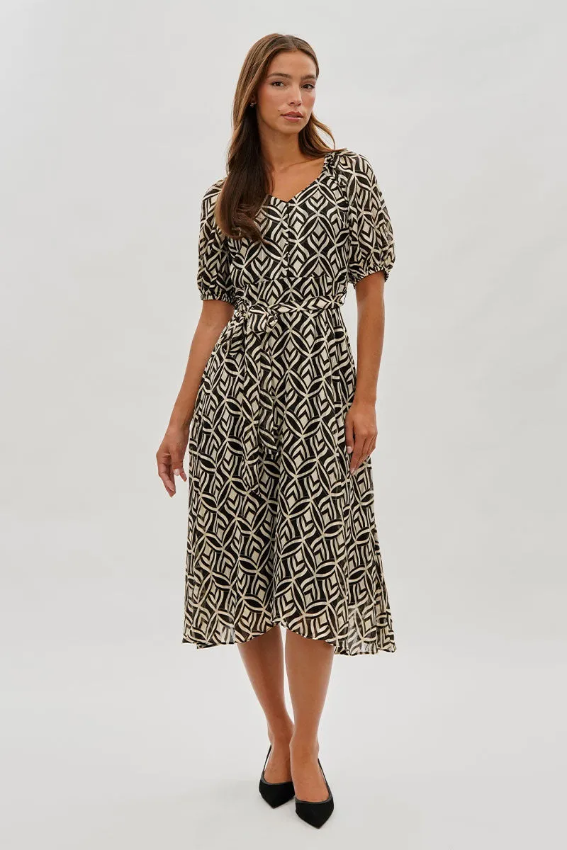 Costa Blanca Patterned Puff Sleeve Midi Dress - Black sold by Fairweather