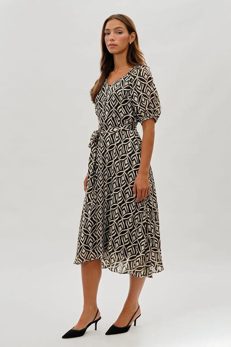Costa Blanca Patterned Puff Sleeve Midi Dress - Black sold by Fairweather product image thumbnail 2
