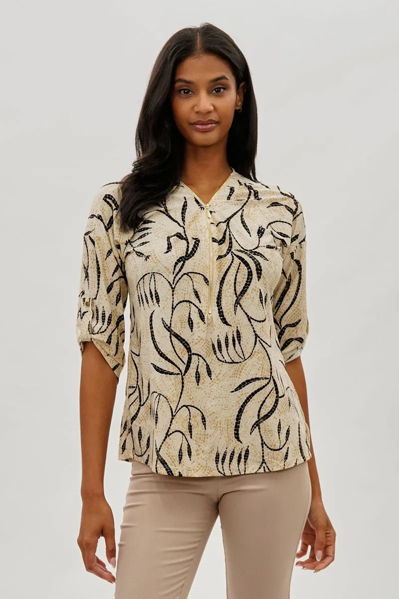 Beechers Brook Patterned Half Zip Blouse - Beige sold by Fairweather