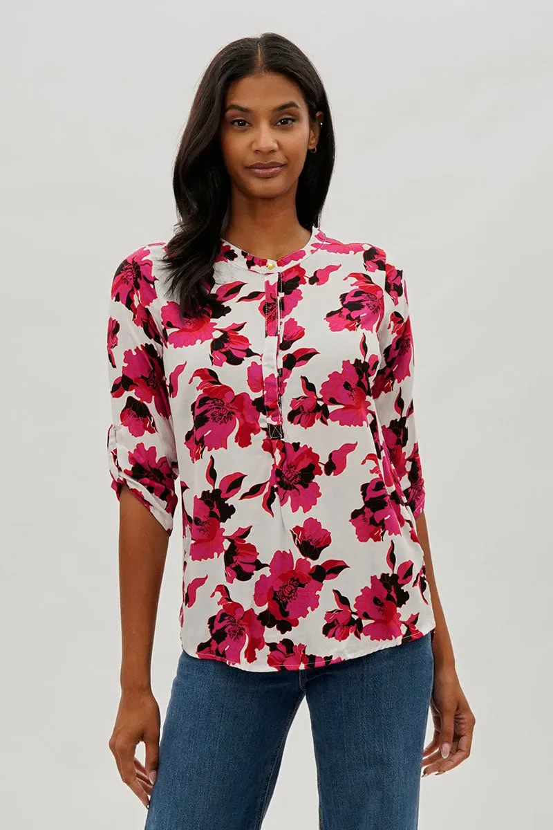 International INC Company Floral Roll Up Sleeve Blouse - White sold by Fairweather