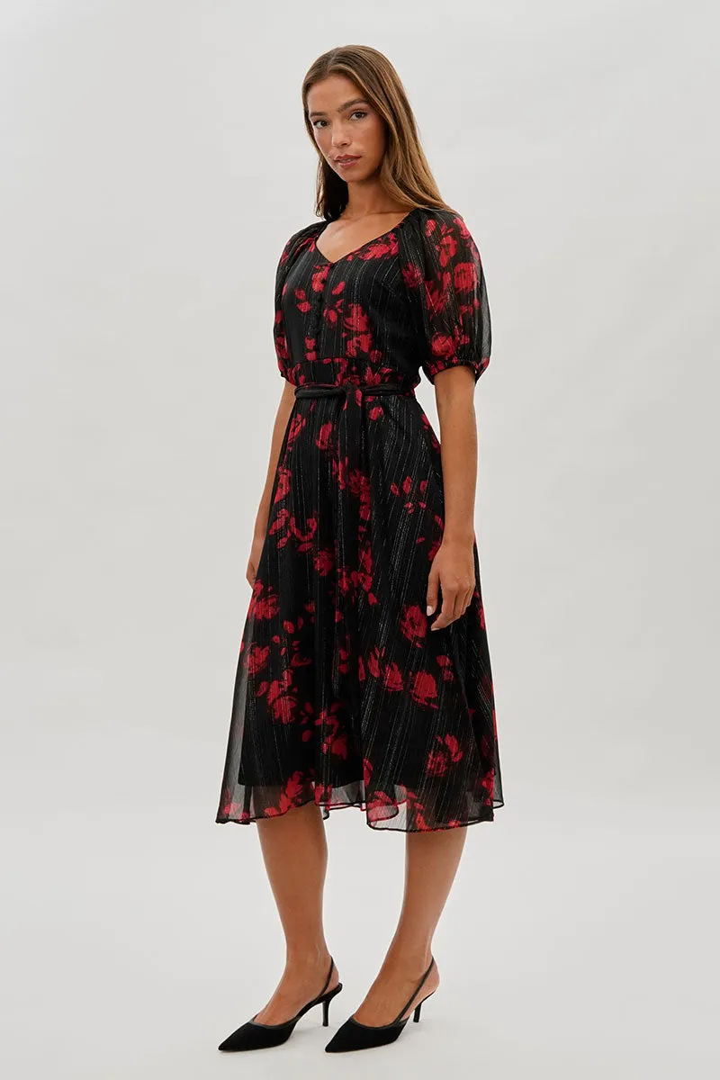 Costa Blanca Floral Puff Sleeve Midi Dress - Black sold by Fairweather product image thumbnail 2