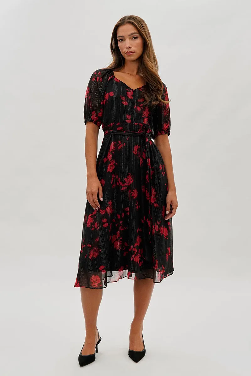 Costa Blanca Floral Puff Sleeve Midi Dress - Black sold by Fairweather