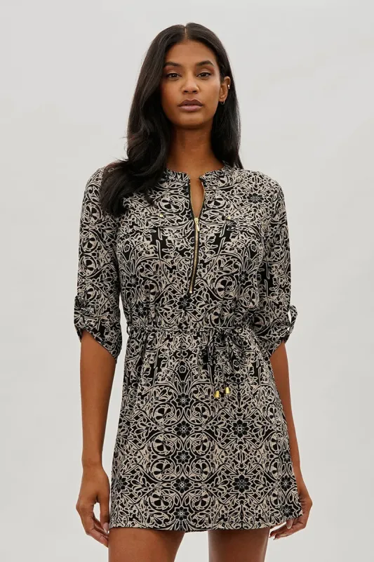 Beechers Brook Baroque Print Tie Waist Half Zip Day Dress - Black sold by Fairweather