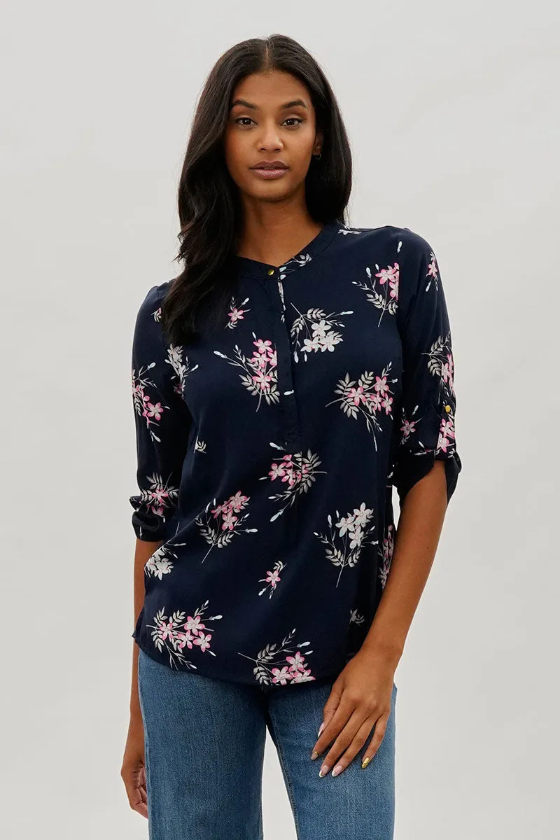 International INC Company Floral Roll Up Sleeve Blouse - Navy sold by Fairweather