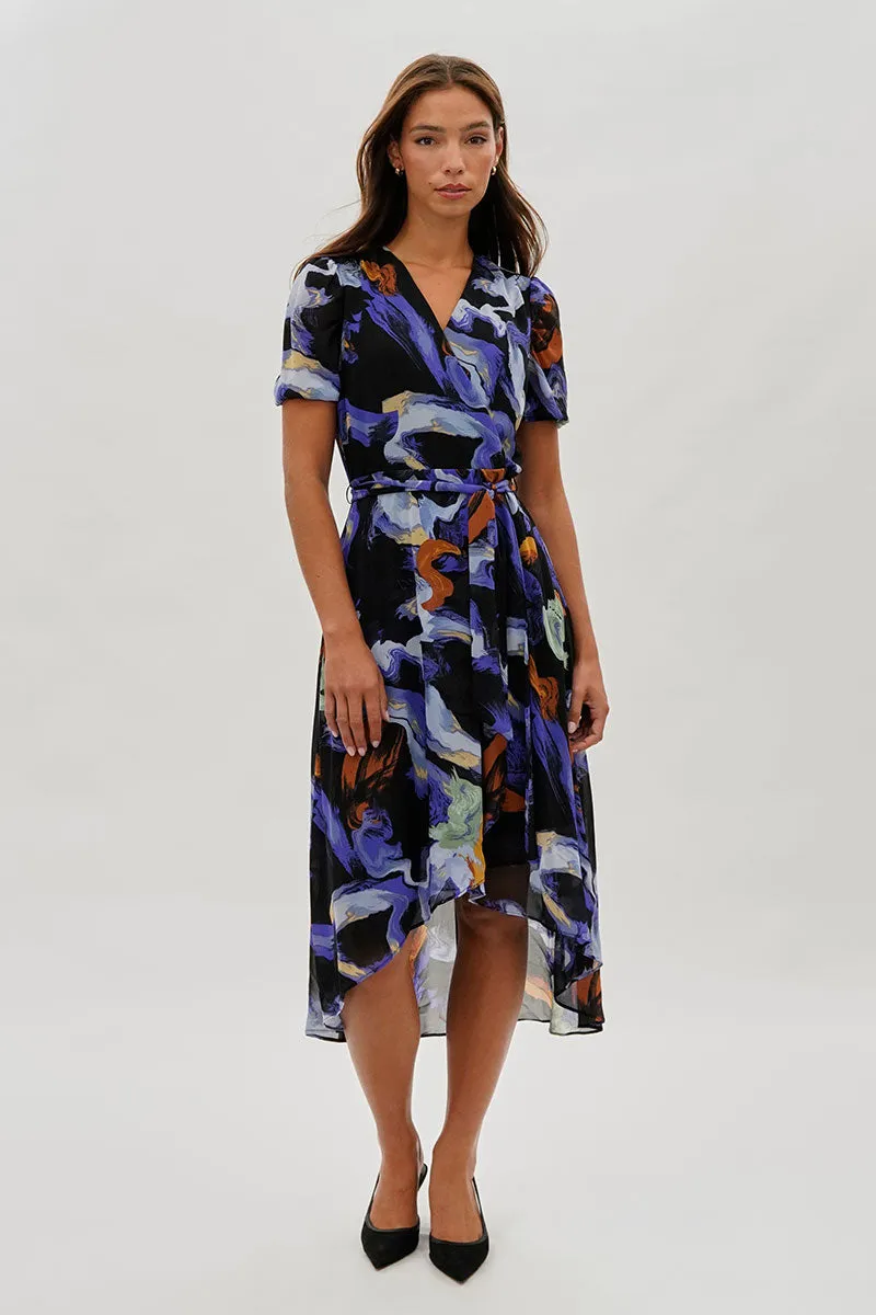 Costa Blanca Patterned Crossover Midi Dress - Black sold by Fairweather