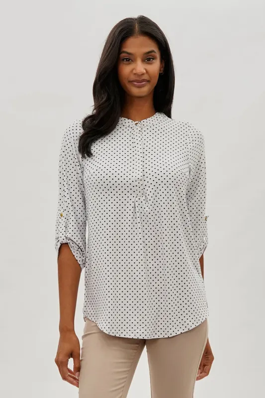 International INC Company Dotted Roll Up Sleeve Blouse - White sold by Fairweather