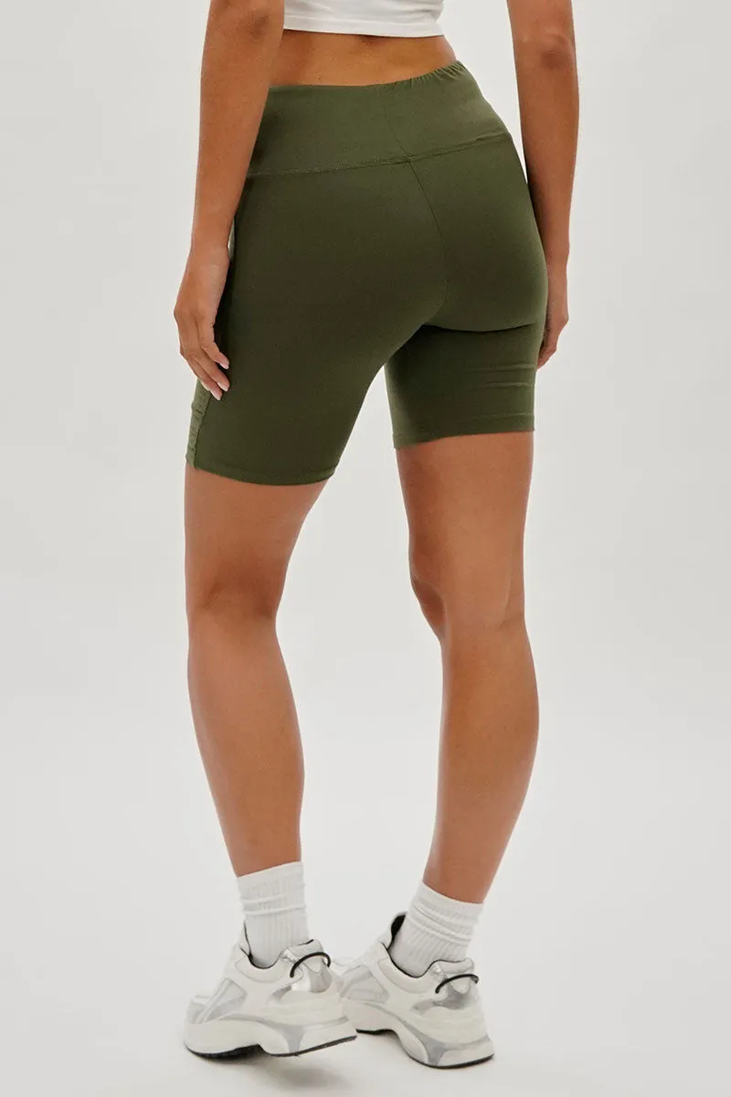 Mikk High-Waisted Biker Shorts - Olive sold by Fairweather product image thumbnail 3