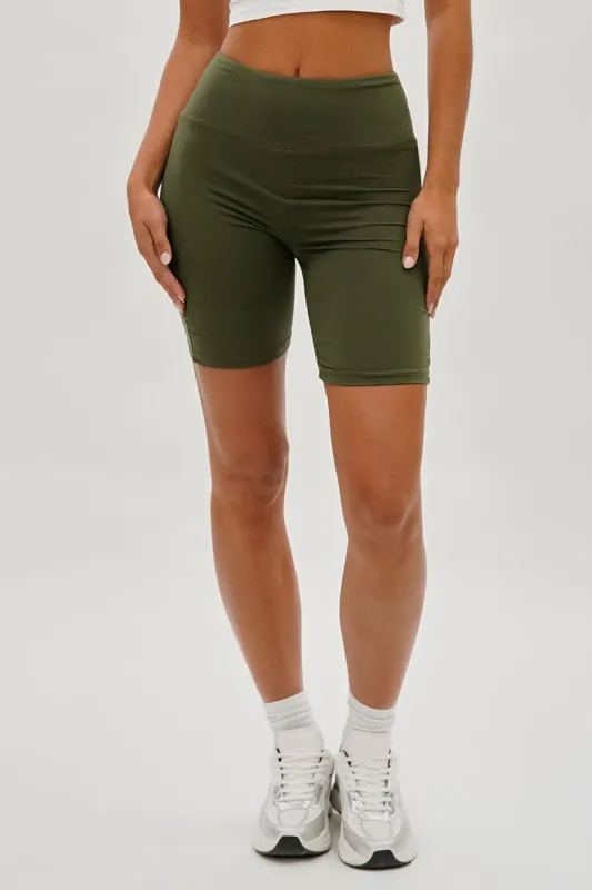 Mikk High-Waisted Biker Shorts - Olive sold by Fairweather