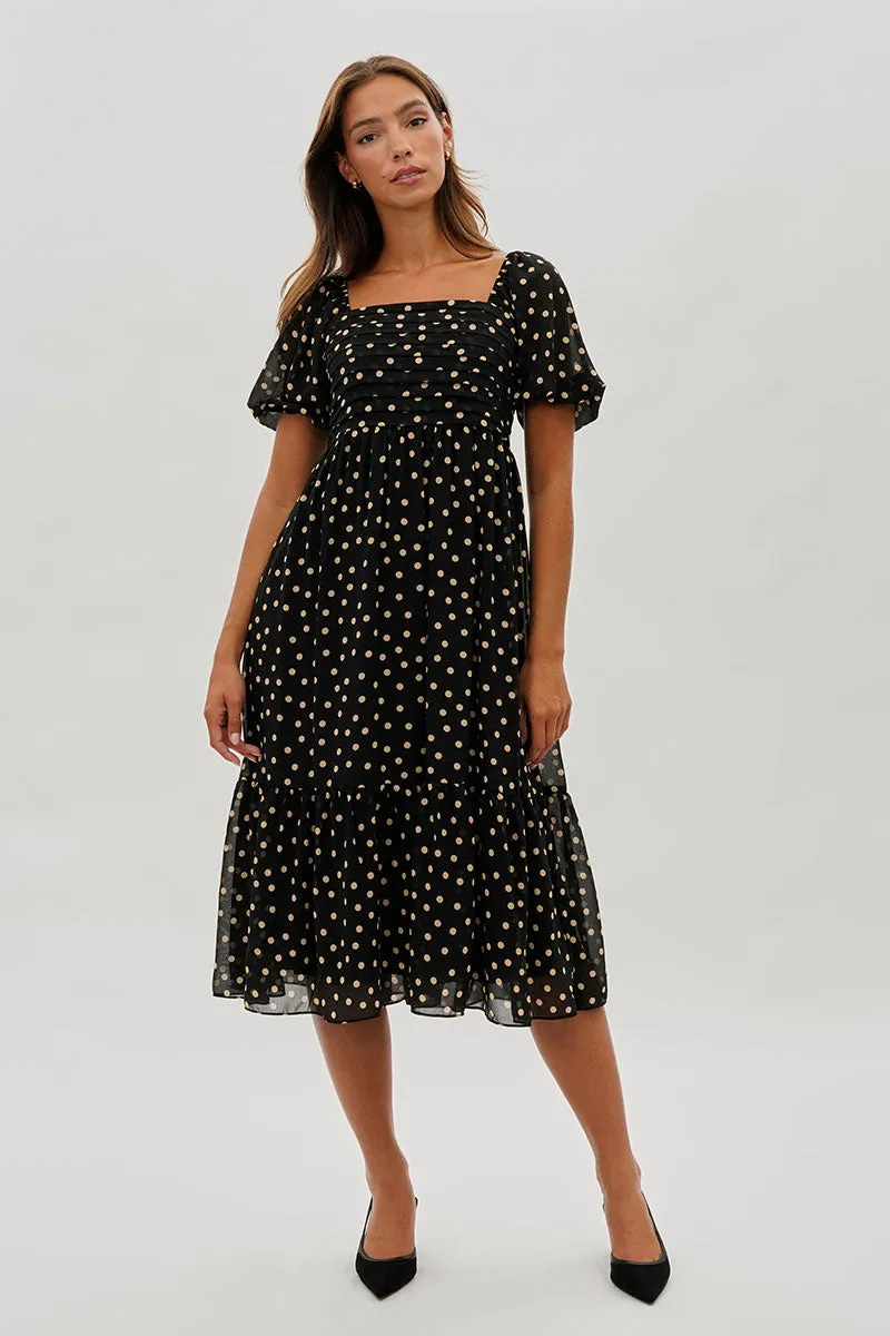 Beechers Brook Dotted Pleated Square Neck Midi Dress - Black sold by Fairweather product image thumbnail 5
