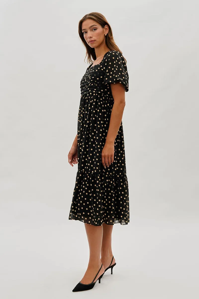 Beechers Brook Dotted Pleated Square Neck Midi Dress - Black sold by Fairweather product image thumbnail 2