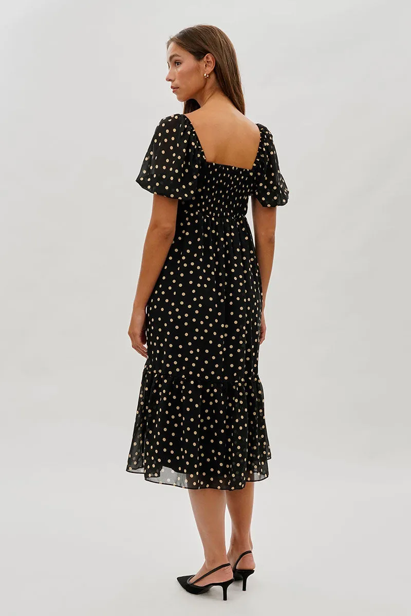 Beechers Brook Dotted Pleated Square Neck Midi Dress - Black sold by Fairweather product image thumbnail 3