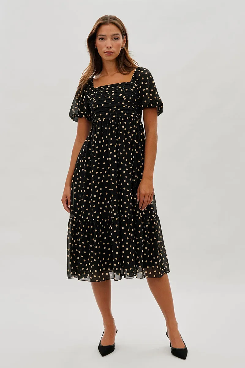 Beechers Brook Dotted Pleated Square Neck Midi Dress - Black sold by Fairweather
