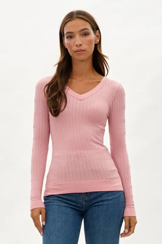 International INC Company Ribbed V-Neck Long Sleeve Top - Pink sold by Fairweather