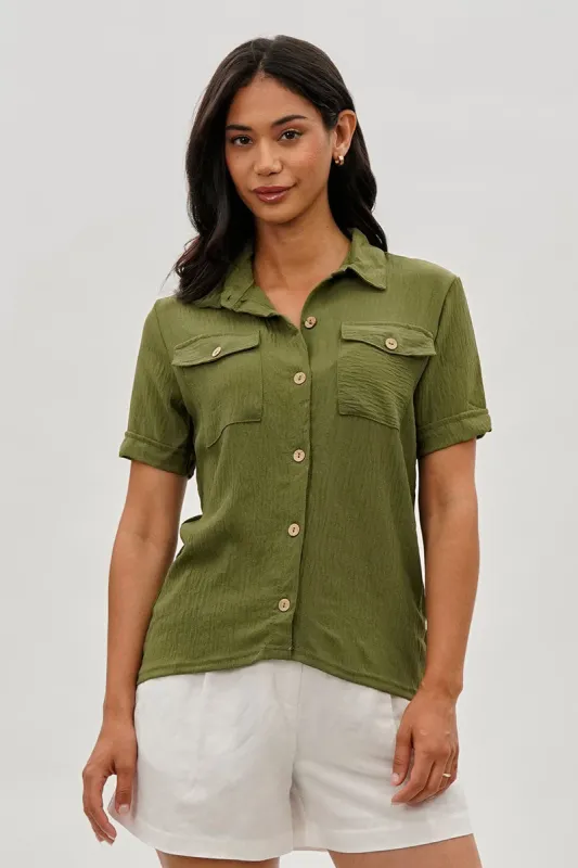 Stylexchange Vintage Button Down Short Sleeve Shirt - Green sold by Fairweather