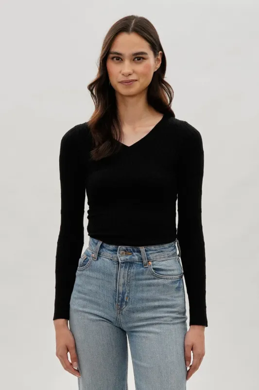 International INC Company Ribbed V-Neck Long Sleeve Top - Black sold by Fairweather