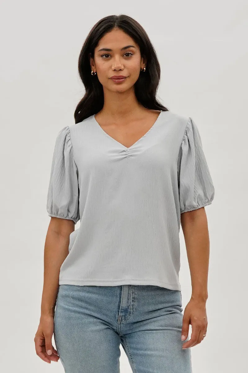 Stylexchange Vintage Puff Sleeve V-Neck Blouse - Grey sold by Fairweather