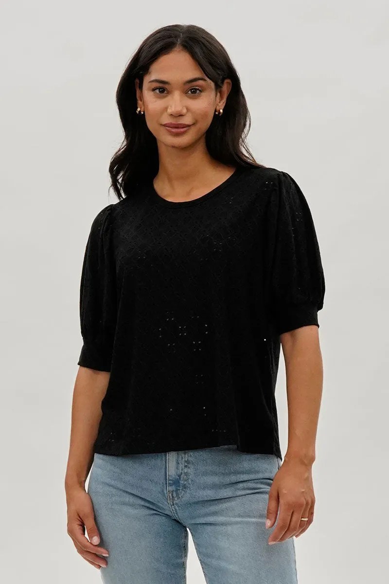 Beechers Brook Eyelet Detail Puff Sleeve Blouse - Black sold by Fairweather