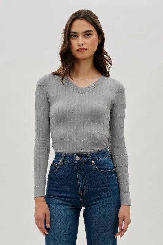 International INC Company Ribbed V-Neck Long Sleeve Top - Grey sold by Fairweather