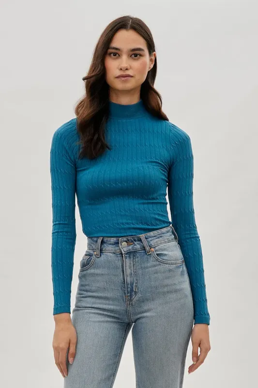 International INC Company Ribbed Mock Neck Long Sleeve Top - Blue sold by Fairweather