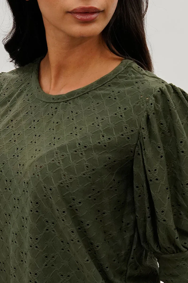 Beechers Brook Eyelet Detail Puff Sleeve Blouse - Olive sold by Fairweather product image thumbnail 4