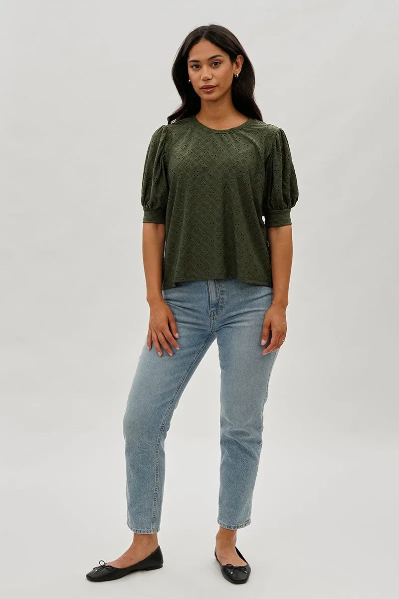 Beechers Brook Eyelet Detail Puff Sleeve Blouse - Olive sold by Fairweather product image thumbnail 5