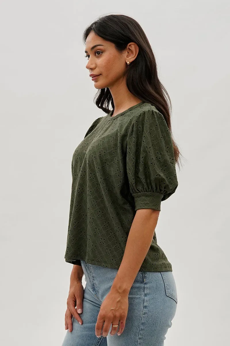 Beechers Brook Eyelet Detail Puff Sleeve Blouse - Olive sold by Fairweather product image thumbnail 2