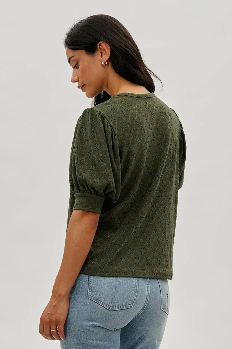 Beechers Brook Eyelet Detail Puff Sleeve Blouse - Olive sold by Fairweather product image thumbnail 3