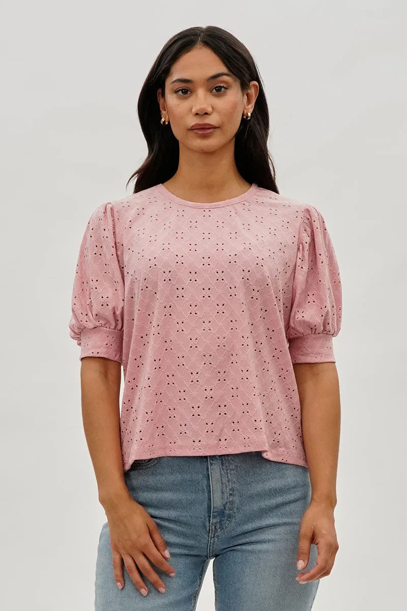 Eyelet Detail Puff Sleeve Blouse - Pink sold by Fairweather