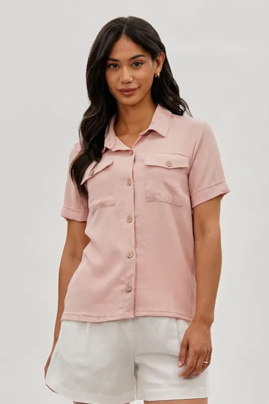 Stylexchange Vintage Button Down Short Sleeve Shirt - Pink sold by Fairweather