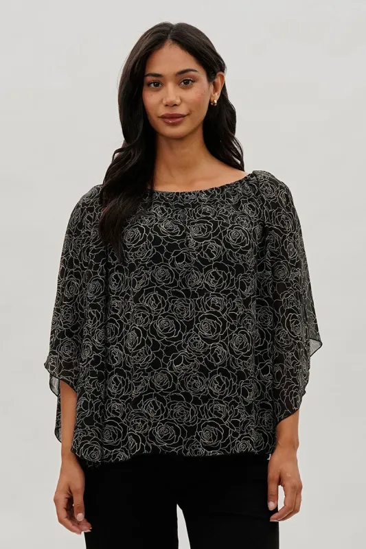 Costa Blanca Floral Chiffon Cape Blouse - Black sold by Fairweather