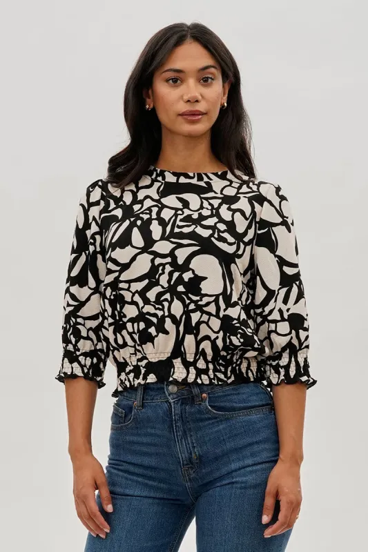 Runaway Bay Printed Smocked Hem Blouse - Black sold by Fairweather