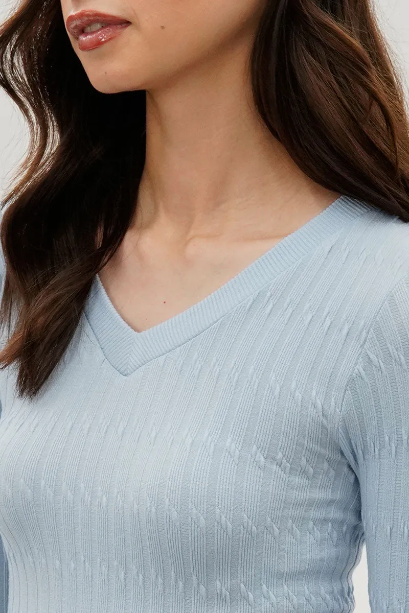 Ribbed V-Neck Long Sleeve Top - Blue sold by Fairweather product image thumbnail 4