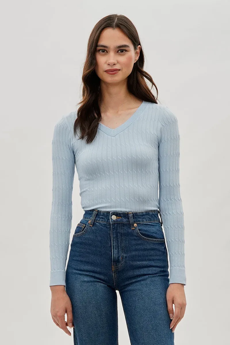 Ribbed V-Neck Long Sleeve Top - Blue sold by Fairweather