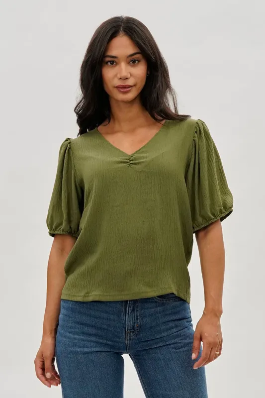 Stylexchange Vintage Puff Sleeve V-Neck Blouse - Olive sold by Fairweather