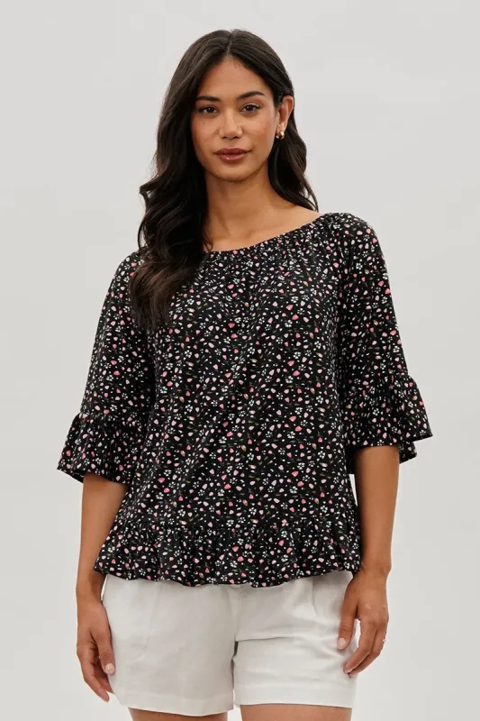 International INC Company Floral Ruffle Hem Blouse - Black sold by Fairweather