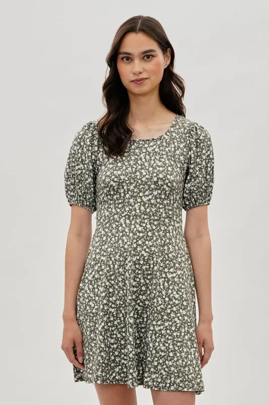 Floral Puff Sleeve Day Dress - Olive made by Costa Blanca