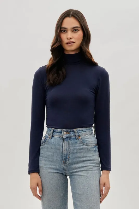 Magazine Cinched Side Turtleneck Long Sleeve Top - Navy sold by Fairweather