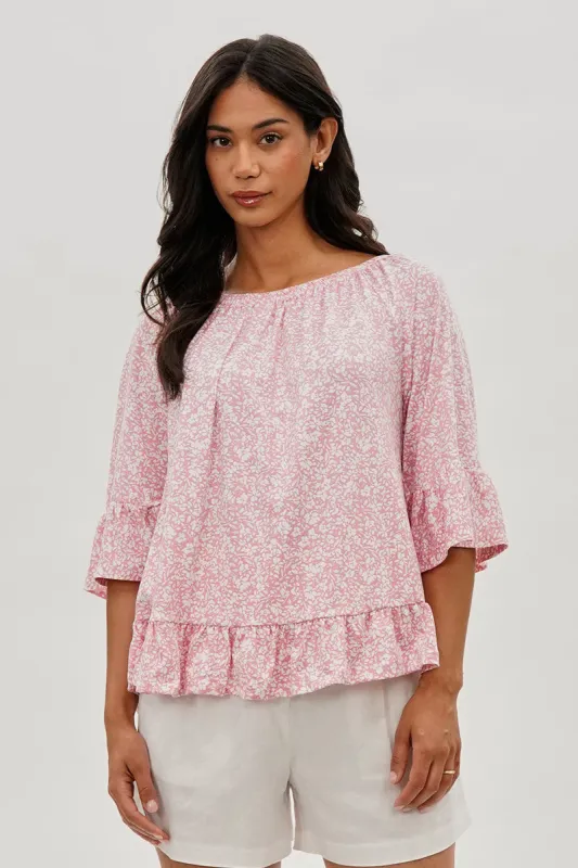 International INC Company Floral Ruffle Hem Blouse - Pink sold by Fairweather