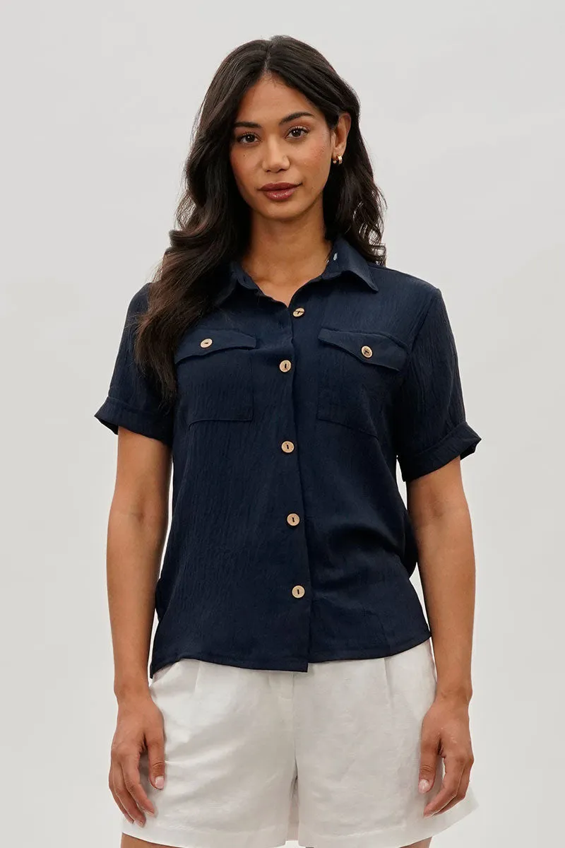 Stylexchange Vintage Button Down Short Sleeve Shirt - Navy sold by Fairweather