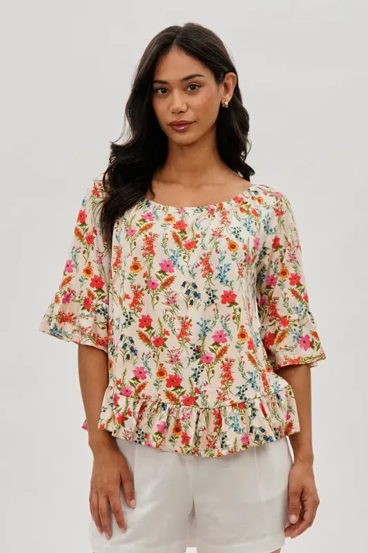 International INC Company Floral Ruffle Hem Blouse - Cream sold by Fairweather