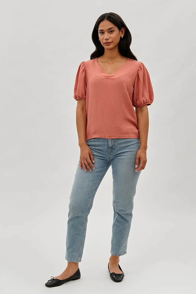 Stylexchange Vintage Puff Sleeve V-Neck Blouse - Coral sold by Fairweather product image thumbnail 5