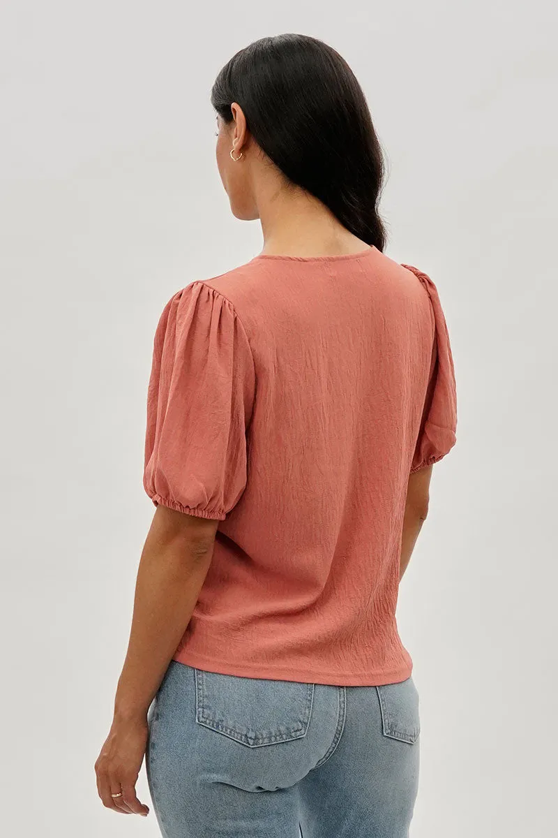 Stylexchange Vintage Puff Sleeve V-Neck Blouse - Coral sold by Fairweather product image thumbnail 3